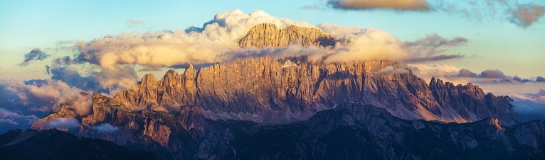 Mount Civetta, evening sunset panoramic view of mount Civetta, South Tyrol, dolomites mountains, Italy