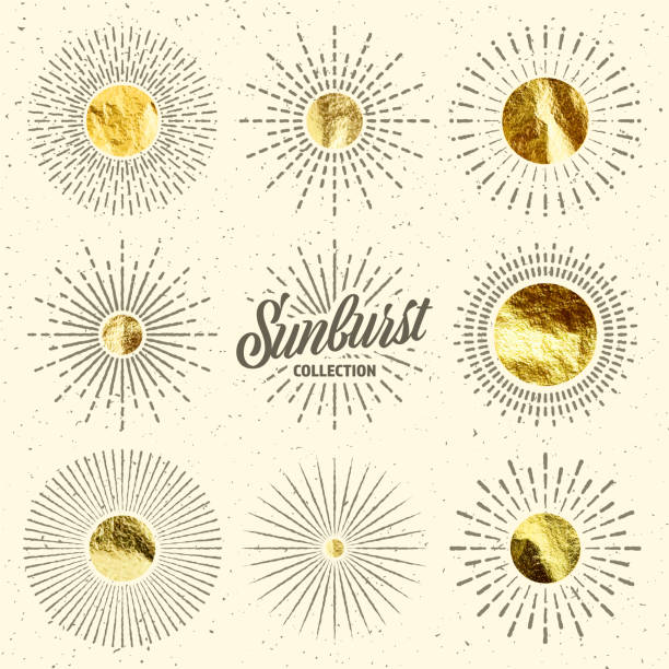 istock Vintage grunge sunburst sunset beams. Gold foil, shiny handmade circles. Golden glittering texture, pattern. Hand drawn bursting sun, light rays. Logotype, lettering, retro style. Vector illustration 2074331748