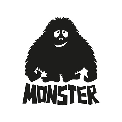 Big furry monster. Big Foot. Text, word, lettering. Black silhouette. Front view. Vector simple flat graphic illustration. Isolated object on a white background. Isolate.