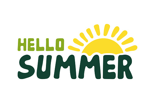 Inscription Hello Summer and sun. Text, lettering. Colored silhouette. Horizontal front view. Vector simple flat graphic hand drawn illustration. Isolated object on a white background. Isolate.