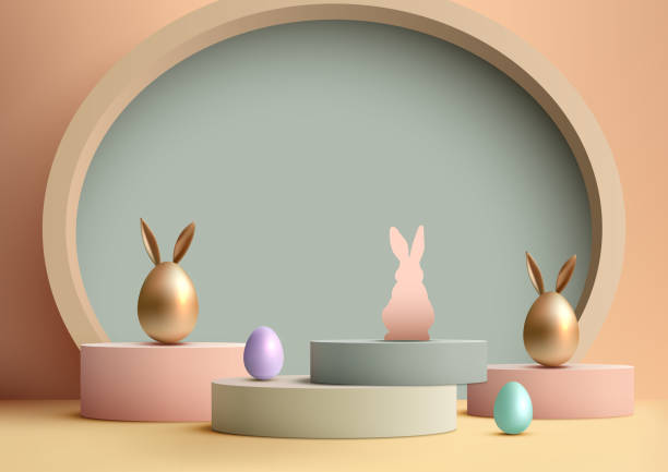 istock Showcase your products modern Easter podium mockup. 3D design with pastel colors, geometric shapes, eggs, rabbit, it's perfect for the spring season 2074349915