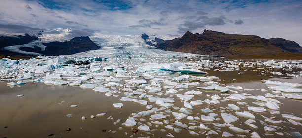 Amazing landscape of Jokulsarlon, the world's most famous glacier lagoon, aerial shot. Travel and adventure concepts.