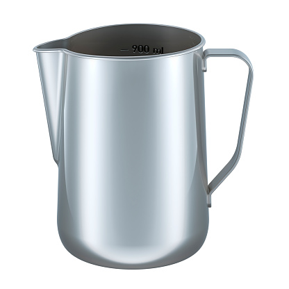 Milk frothing pitcher. Stainless steel jug for steaming, frothing and pouring milk. 3D rendering isolated on white background