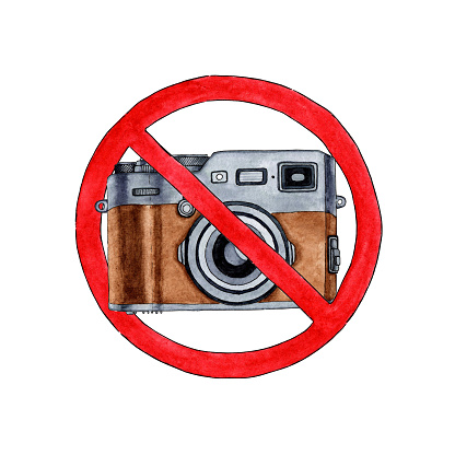 Watercolor illustration of a retro camera in a red prohibition circle. Prohibition of photography and video recording. Camera logos are prohibited. Isolated on a white background. Composition for design, banner, web, poster.