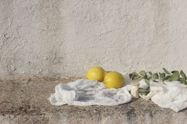 Wedding still life. Fresh lemons fruit, eucalyptus tree branches, ribbon and muslin textile in sunlight. White shabby old textured wall background. Vacation concept, Mediterranean summer banner.