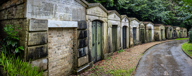 View of Highgate Cemetery, a place of burial in north London, next to Waterlow Park, in the London Borough of Camden, England