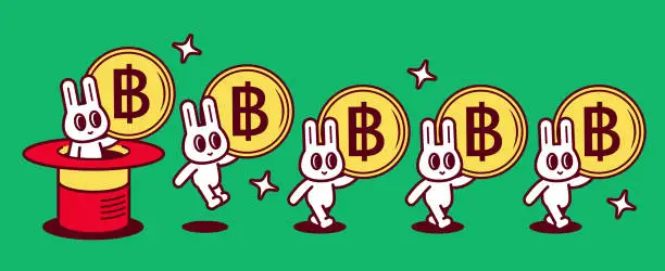 Vector illustration of A group of cute rabbits, each carrying a big money coin, kept popping out of a magic hat and walking in a straight line