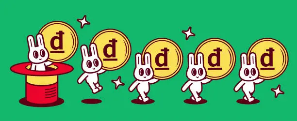 Vector illustration of A group of cute rabbits, each carrying a big money coin, kept popping out of a magic hat and walking in a straight line