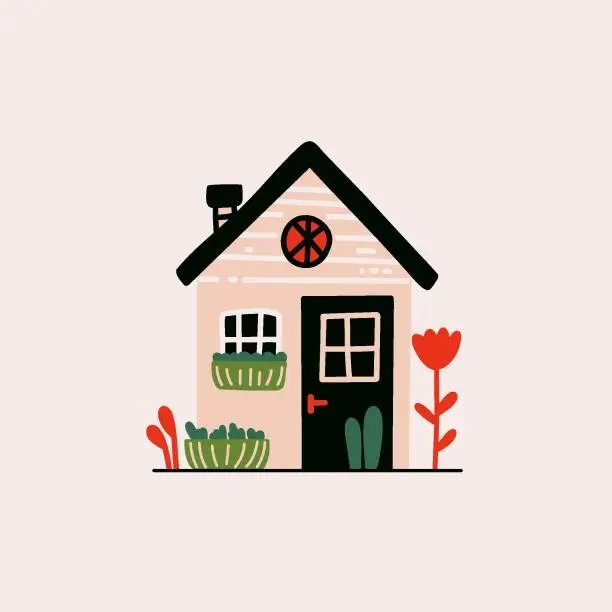 Vector illustration of Cute tiny house. Cartoon one storey cottage with chimney and garden, traditional rural building with trees. Vector isolated flat illustration