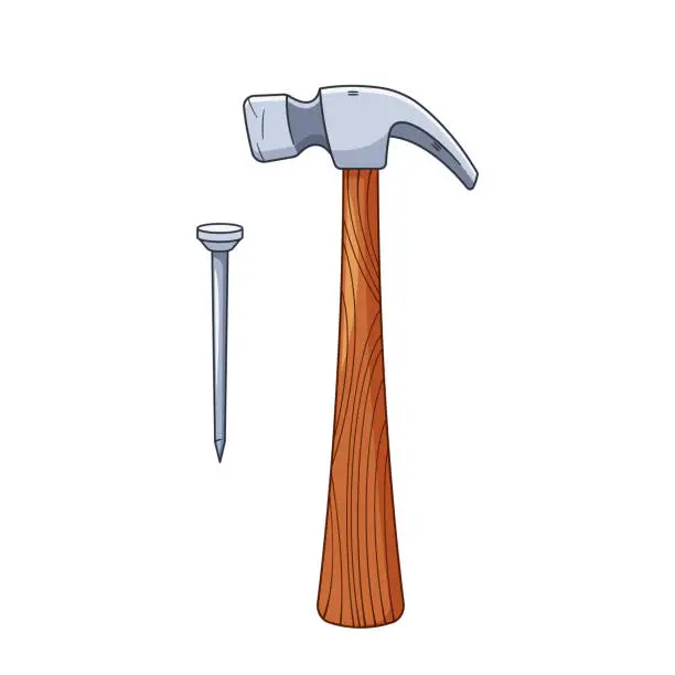 Vector illustration of Hammer And Nail Tools Are Essential For Carpentry And Construction. The Hammer Drives Nails Into Wood Or Other Materials