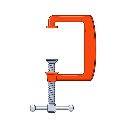 Clamp Carpentry Tool To Hold Pieces Of Wood Firmly In Place, Ensuring Stability During Gluing, Sawing Or Drilling, Enhancing Precision And Safety In Woodworking Projects. Cartoon Vector Illustration