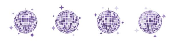 ilustrações, clipart, desenhos animados e ícones de ícones roxos do discoball. disco music party mirrorball nos anos 70 80 90s estilo discoteca retrô. globo de boate brilhante com brilhos. vida noturna, férias, divertido símbolo vintage - disco ball 1970s style 1980s style nightclub