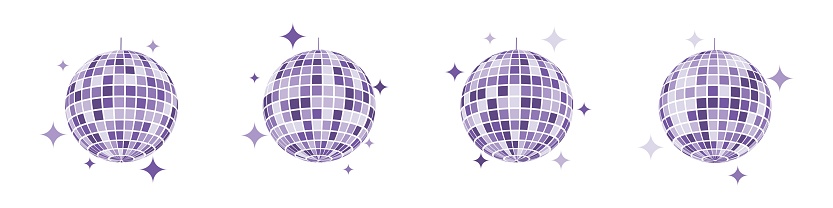 Purple discoball icons. Disco music party mirrorball in 70s 80s 90s retro discotheque style. Shining nightclub globe with glitters. Nightlife, holiday, fun vintage symbol. Vector flat illustration