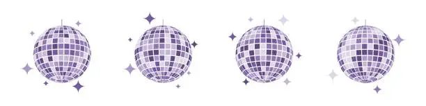 Vector illustration of Purple discoball icons. Disco music party mirrorball in 70s 80s 90s retro discotheque style. Shining nightclub globe with glitters. Nightlife, holiday, fun vintage symbol