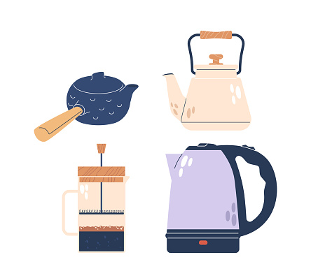 Teapots Set, Kitchen Vessels, Designed For Steeping Tea Leaves In Hot Water, Facilitating Brewing. They Have A Spout For Pouring, A Handle For Holding, And A Lid. Cartoon Vector Illustration