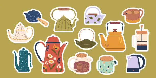 Vector illustration of Set Of Stickers Teapots And Kettles. Vintage And Modern Decorative Kitchen Tools, Household Utensils, Ceramic Drinkware