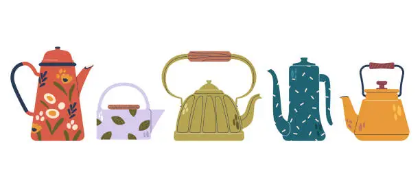 Vector illustration of Teapots Collection, Vessels Designed For Steeping And Serving Tea Typically Made From Ceramic, Porcelain, Glass Or Metal