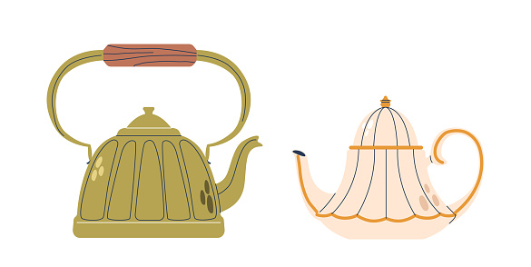 Retro Teapots or Kettles in Nostalgic Style Designs, Feature Vibrant Colors, Sleek Lines, And A Playful, Vintage Charm In Kitchenware Or Decor Isolated on White Background. Cartoon Vector Illustration