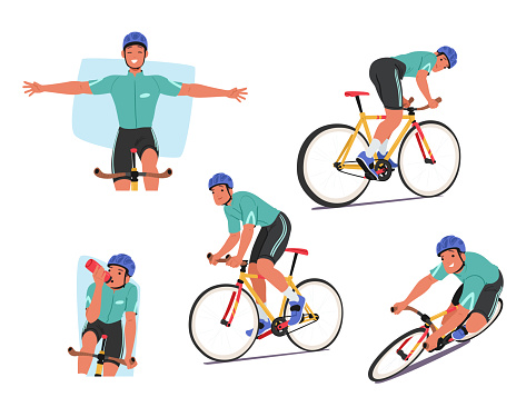 Sportsman Cyclist Character Rides Fiercely, Occasionally Outstretch Hands To Celebrate Victory, Embodying The Spirit Of Competition, Drink Water, and Smile. Cartoon People Vector Illustration