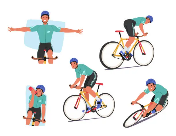 Vector illustration of Sportsman Cyclist Character Rides Fiercely, Occasionally Outstretch Hands To Celebrate Victory, Vector Illustration