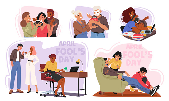 Friends Prank Each Other On April Fools Day With Fake Spider, Cake in Face, Fart Pillow and Doodling, Tying Shoelaces, Playing Unexpected Surprises, Fostering Laughter And Playful Camaraderie, Vector