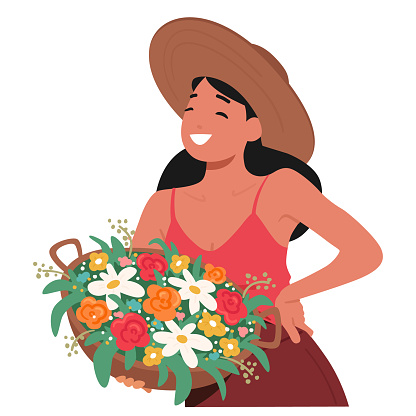Woman Clutches A Basket Filled with Vibrant Flowers, Its Myriad Colors Complementing Her Joyful Expression on Serene, Smiling Face. Happy Female Character Posing. Cartoon People Vector Illustration