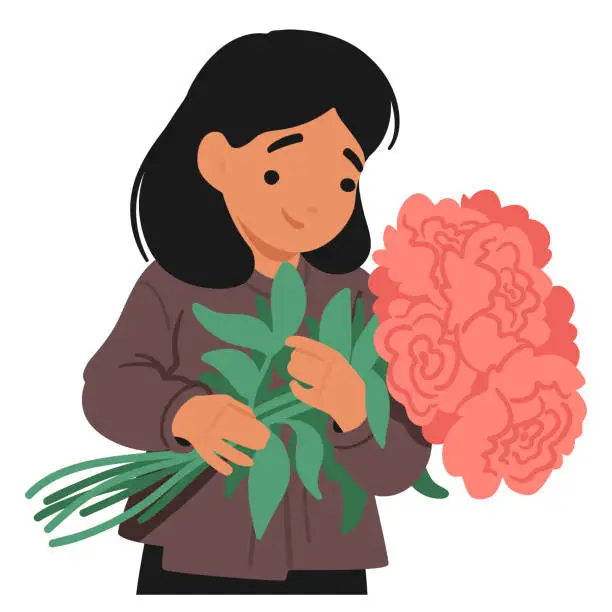 Vector illustration of Young Woman or Girl Character Cradles A Lush Bouquet Of Pink Peonies, Her Eyes Sparkling With Joy, Vector Illustration