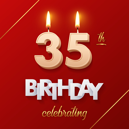 Birthday 35 number candles with fire for anniversary vector illustration. 3D realistic beige wax numbers twenty with candlelight, white and gold font on red background for invitation, greeting card.