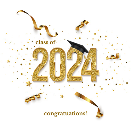 2024 graduation ceremony square banner. Award concept with academic hat, golden numbers, ribbons, confetti and text isolated on white background.