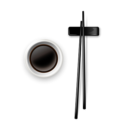 Sushi chopsticks and soy sauce in bowl. Chinese or Japanese cuisine elements for eating vector illustration. Black wooden pair of sticks and plate with soya on white background.
