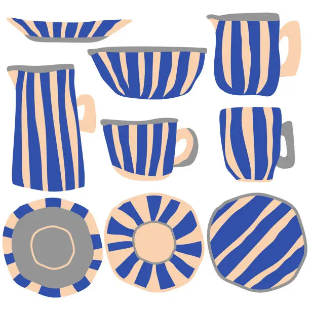 Vector illustration of Set of stylish striped dishes, handmade ceramics, blue stripes on plates and cups