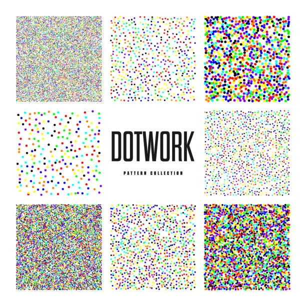 Vector illustration of Square shaped dotted objects, vintage stipple elements. Stippling, dotwork drawing, shading using dots. Halftone effect. Colored noise grainy texture, pattern. Vector illustration.