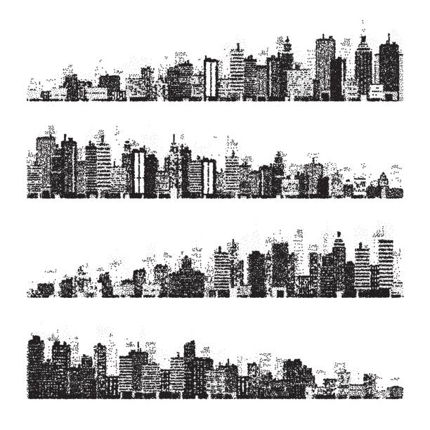 Stippled city silhouettes. Cityscape, town skyline. Midtown, downtown with buildings, houses and skyscrapers. Stippling, dot drawing and shading, stipple pattern, halftone effect. Vector illustration Stippled city silhouettes. Cityscape, town skyline. Midtown, downtown with buildings, houses and skyscrapers. Stippling, dot drawing and shading, stipple pattern, halftone effect. Vector illustration. new york skyline drawing stock illustrations