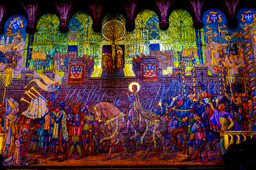 Colorful Gilded Saint Joan of Arc Mosaic Basilica of Notre Dame de Fourvière Lyon France. Joan of Arc Patron French saint fought English 1400s, Martyred in Rouen. Church built from 1872 to 1896.
