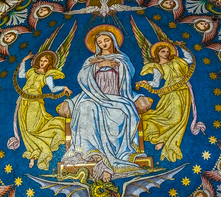 Colorful Virgin Mary Mosaic Basilica of Notre Dame de Fourvière Lyon France. Built from 1872 to 1896. Dedicated to Virgin Mary and thanks to God for victory over the socialists.