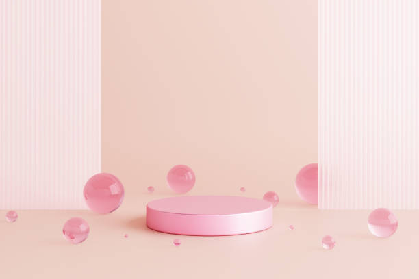 Circle platform and podium pink gold and crystal ball stand product display advertisement cute sweet background baby concept. Pedestal fashion, cosmetic or beauty products. 3D Illustration.
