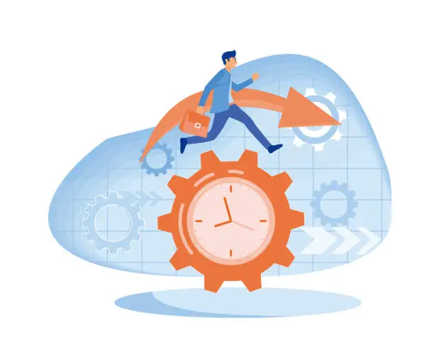 Vector illustration of Time management, control. Businessman run along gear in form of clock. Organization of process. flat vector modern illustration