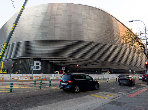 Madrid, Spain - February 1, 2024: Exterior of the Santiago Bernabeu, football stadium of Real Madrid, during renovation works.