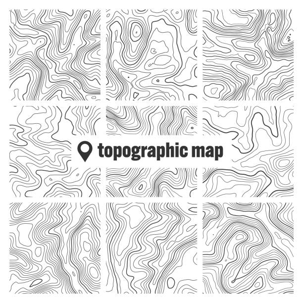 topographic map with contour lines. geographic terrain grid, relief height elevation. ground path pattern. travel and navigation, cartography design element. vector illustration - relief map topography extreme terrain mountain stock illustrations