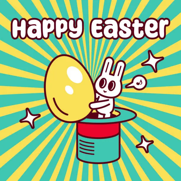 Vector illustration of Happy Easter, a cute bunny popped out of a big magic hat, holding a big Gold Easter Egg, and Easter Greetings with Sunbeam