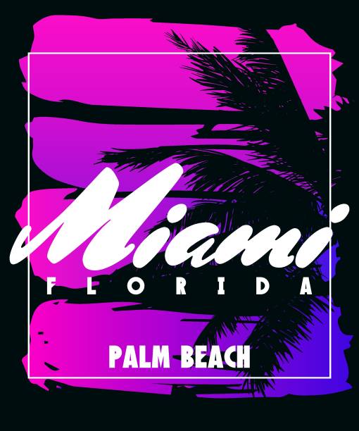 illustrations, cliparts, dessins animés et icônes de florida miami palm beach sunset print. poster retro palm tree silhouettes - letter t tree typescript alphabet