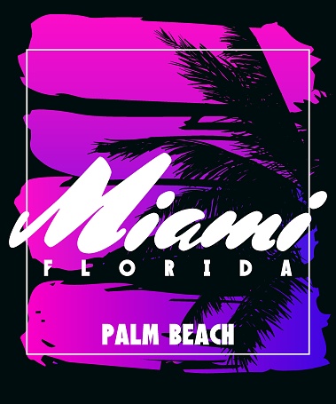 Florida Miami Palm Beach sunset print. Poster retro palm tree silhouettes, typorgaphy. Vector illustration