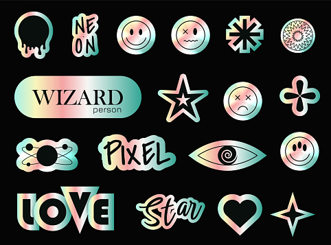 Holographic stickers. Y2k metallic gradient sticker. Shine metal badges of various shapes. Gradient sale and discount stickers. Shiny holo texture retro icons.Hype CD effect tag