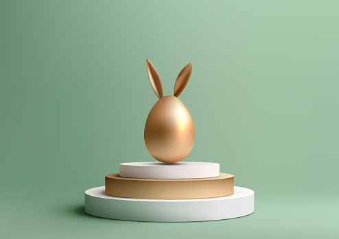 Showcase product festive Easter scene. Featuring a golden Easter egg with bunny ears on a modern podium, 3D mockup is perfect for marketing and sales. Vector illustration