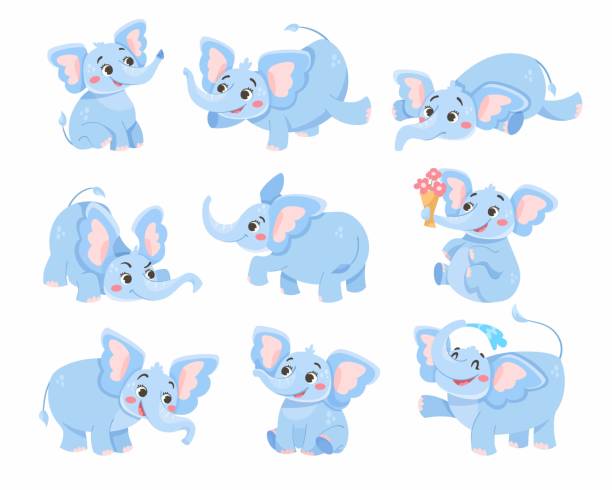 Cute Blue Elephant Character with Large Ear Flaps and Trunk Vector Set Cute Blue Elephant Character with Large Ear Flaps and Trunk Vector Set. Funny African Baby Animal Having Fun elephant ear plant stock illustrations