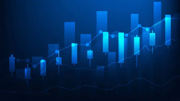 Vector illustration of economy growth and finance concept. stock market graph with bar chart on blue background