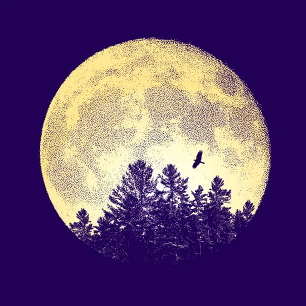 Vector illustration of Full Moon Rising Over The Trees