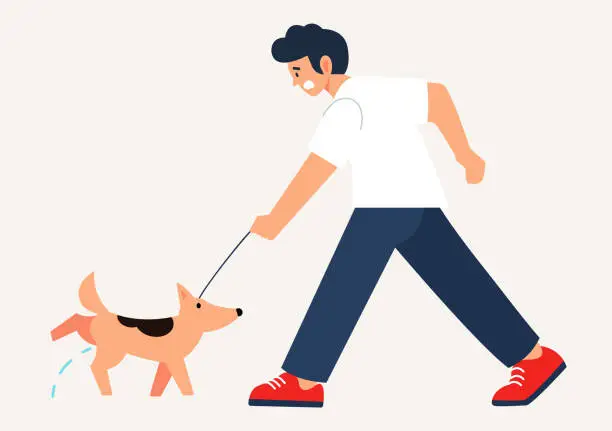 Vector illustration of Flat Character, minimalist vector illustration, cartoon-style illustration, Man surprised as dog stops walking and pees on the ground