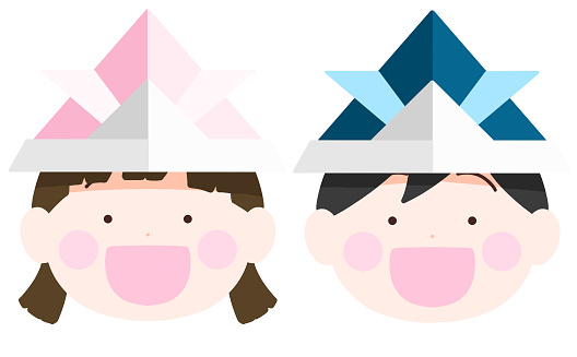 A boy and a girl wearing origami helmets, with shaded three-dimensional effect