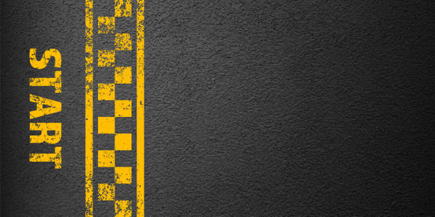 asphalt road with yellow start line marking, concrete highway surface, texture. street traffic lane, road dividing strip. pattern with grainy structure, grunge stone background. vector illustration - stone asphalt road dirty stock illustrations